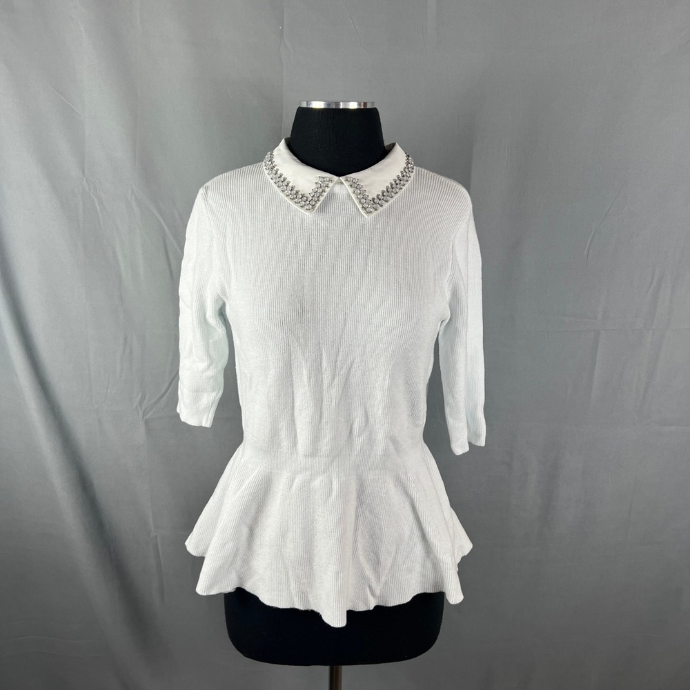 Liv Milano Peplum Top Womens Small White Knit Rhinestone Embellished Collar